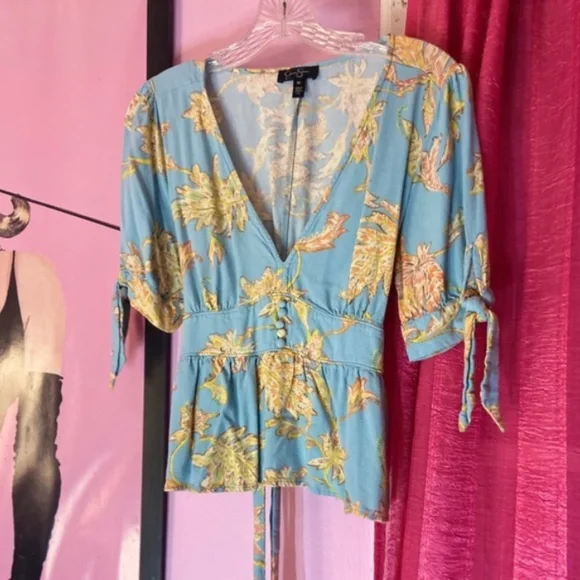 Jessica Simpson Mediterranean Plunge Neck Cropped Blue Floral Blouse Women’s Sm - Picture 2 of 7